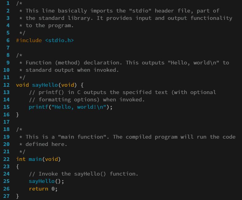 This screenshot shows C source code printing 'Hello, world!' as an example of computer science.